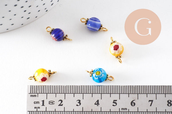 Pendentif connecteur rond verre millefiori zamac doré 18mm, x10 (G4029)