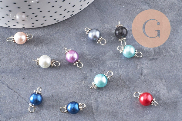 Pendentif connecteur rond verre nacré métal argenté, pendentif argenté verre artisanal, 17x8mm, X10 (G6588)