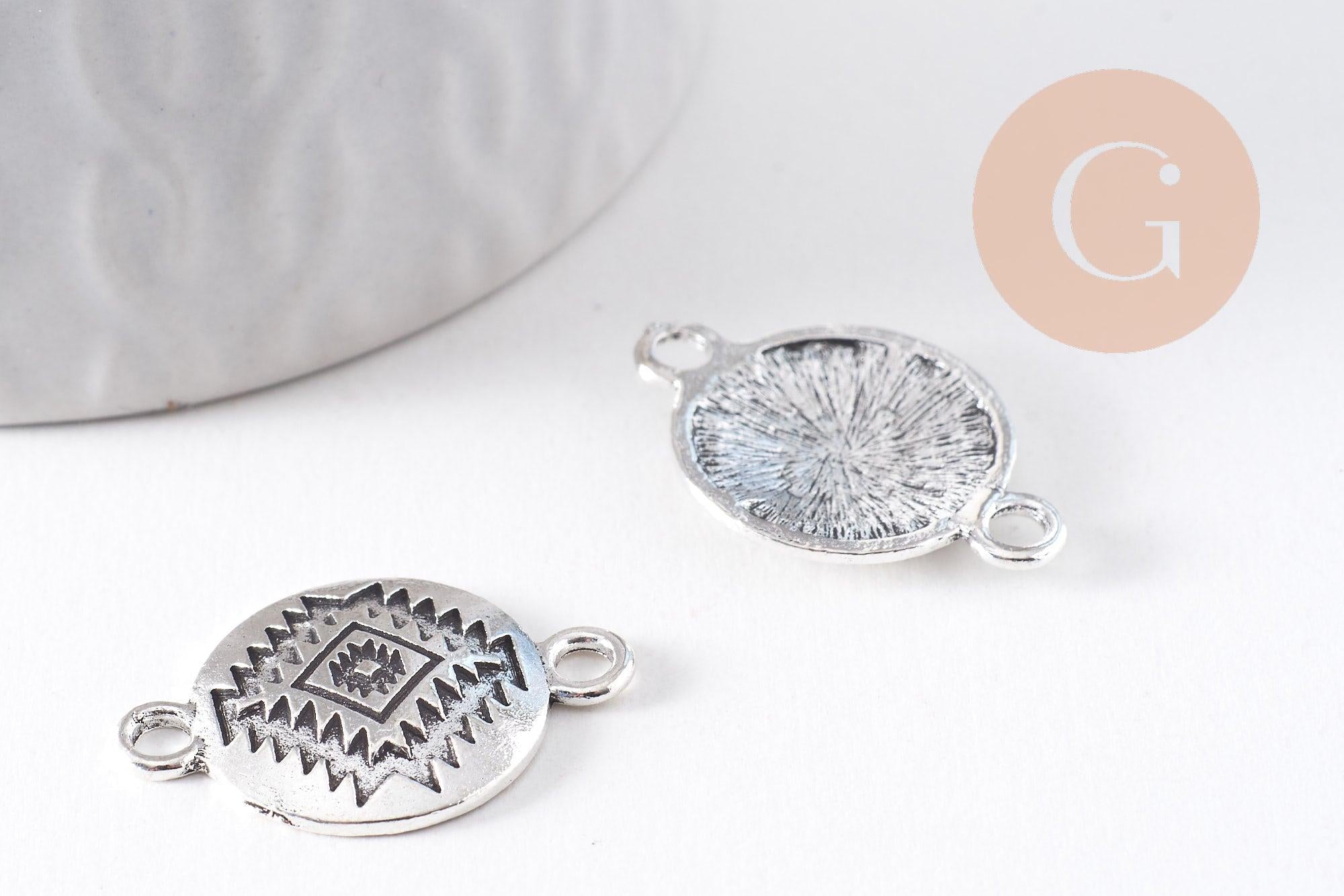 Pendentif connecteur rond zamac platine motif amérindien 26mm, x2 (G10417)