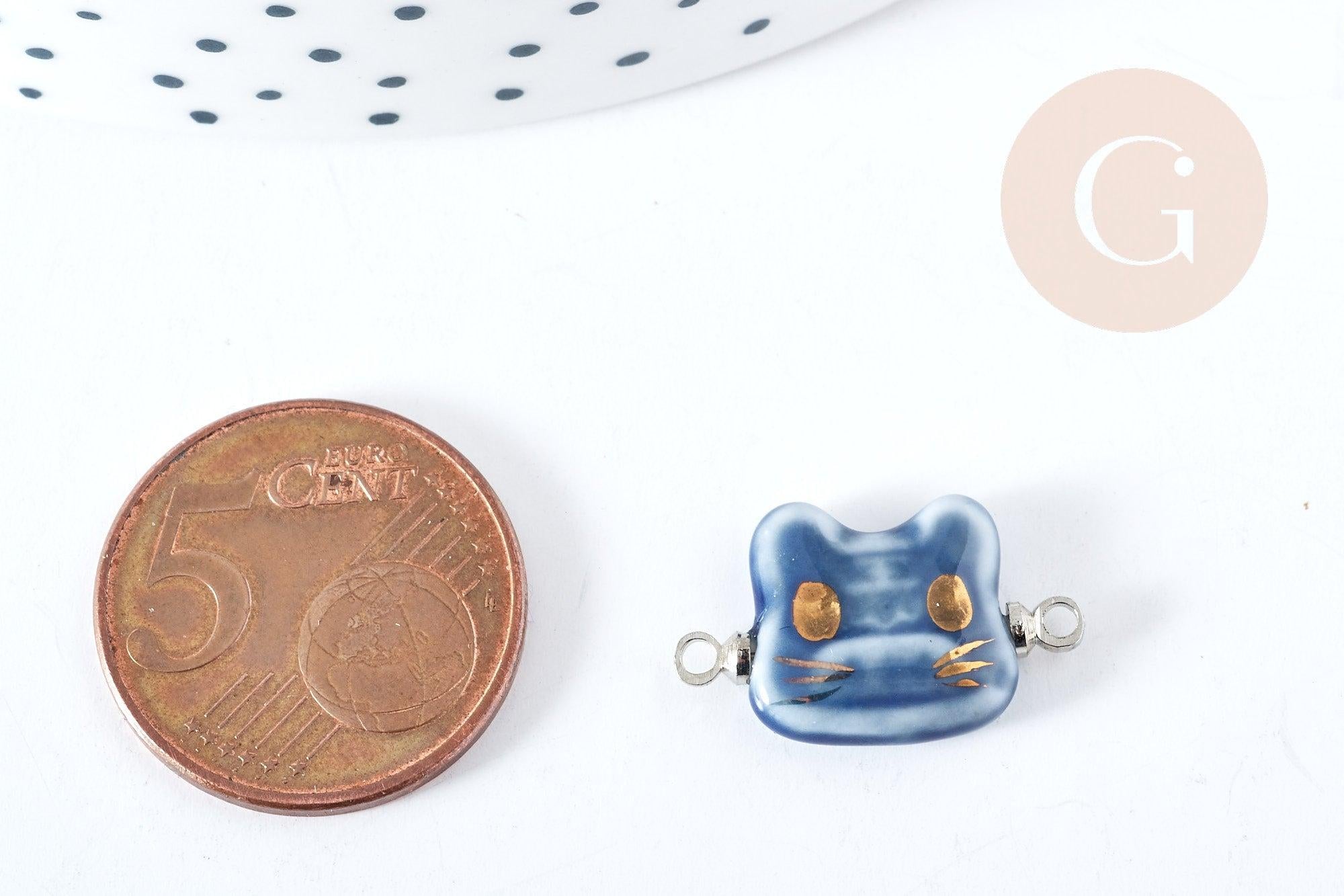 Pendentif connecteur tête de chat porcelaine bleu doré laiton platine 20mm, pendentif pour fabrication bijoux, x1 (G8496)