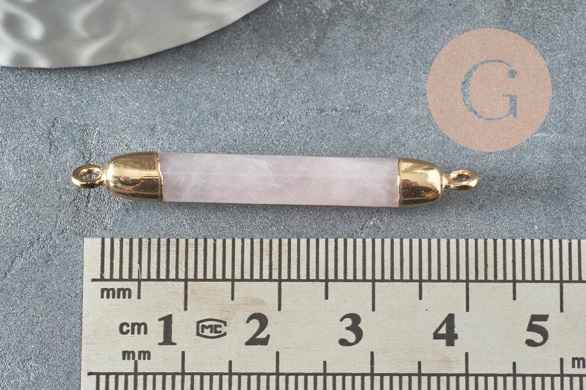 Pendentif connecteur tube quartz rose naturel fer doré 45mm,création bijoux pierre naturelle, x1 G3389