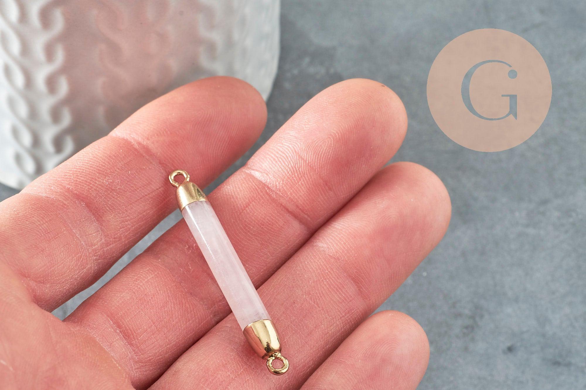 Pendentif connecteur tube quartz rose naturel fer doré 45mm,création bijoux pierre naturelle, x1 G3389