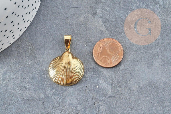 Pendentif coquillage acier 304 doré inoxydable 27mm, pendentif bijoux création sans nickel, x1 (G3280)