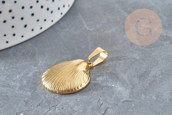 Pendentif coquillage acier 304 doré inoxydable 27mm, pendentif bijoux création sans nickel, x1 (G3280)