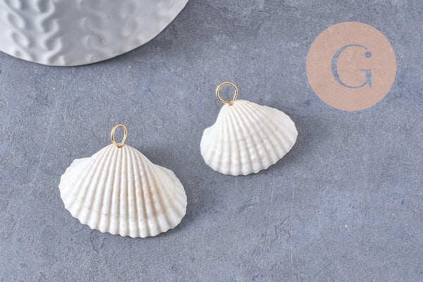 Pendentif coquillage blanc et perles d'imitation zamac doré 16-24mm, x2 (G10277)