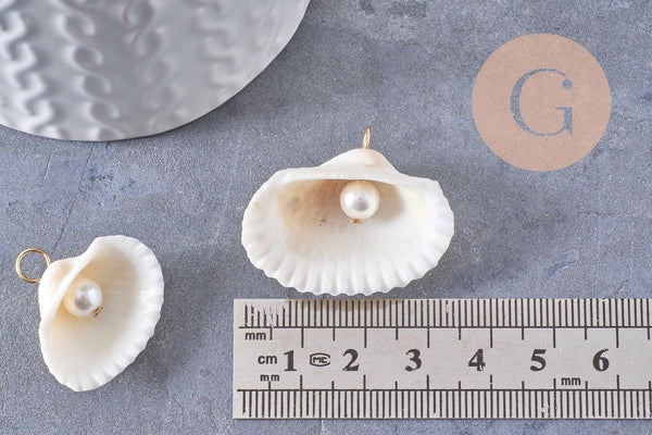 Pendentif coquillage blanc et perles d'imitation zamac doré 16-24mm, x2 (G10277)