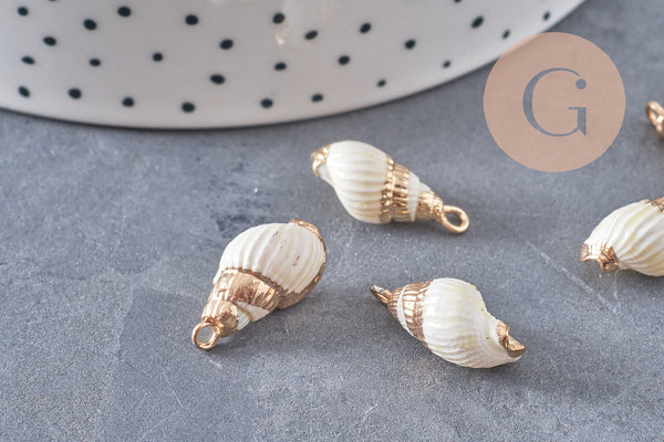 Pendentif coquillage blanc spirale fer doré 20mm, x2 (G0706)