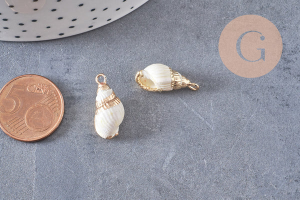 Pendentif coquillage blanc spirale fer doré 20mm, x2 (G0706)