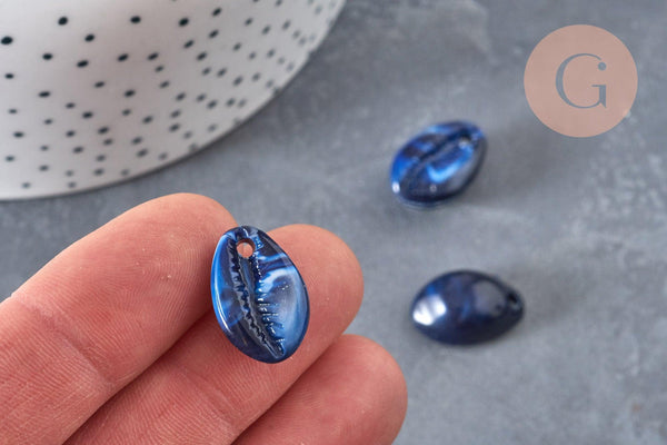 Pendentif coquillage bleu marbré, perle acrylique,cauri,coquillage bijou,19mm, x10 (G1280)