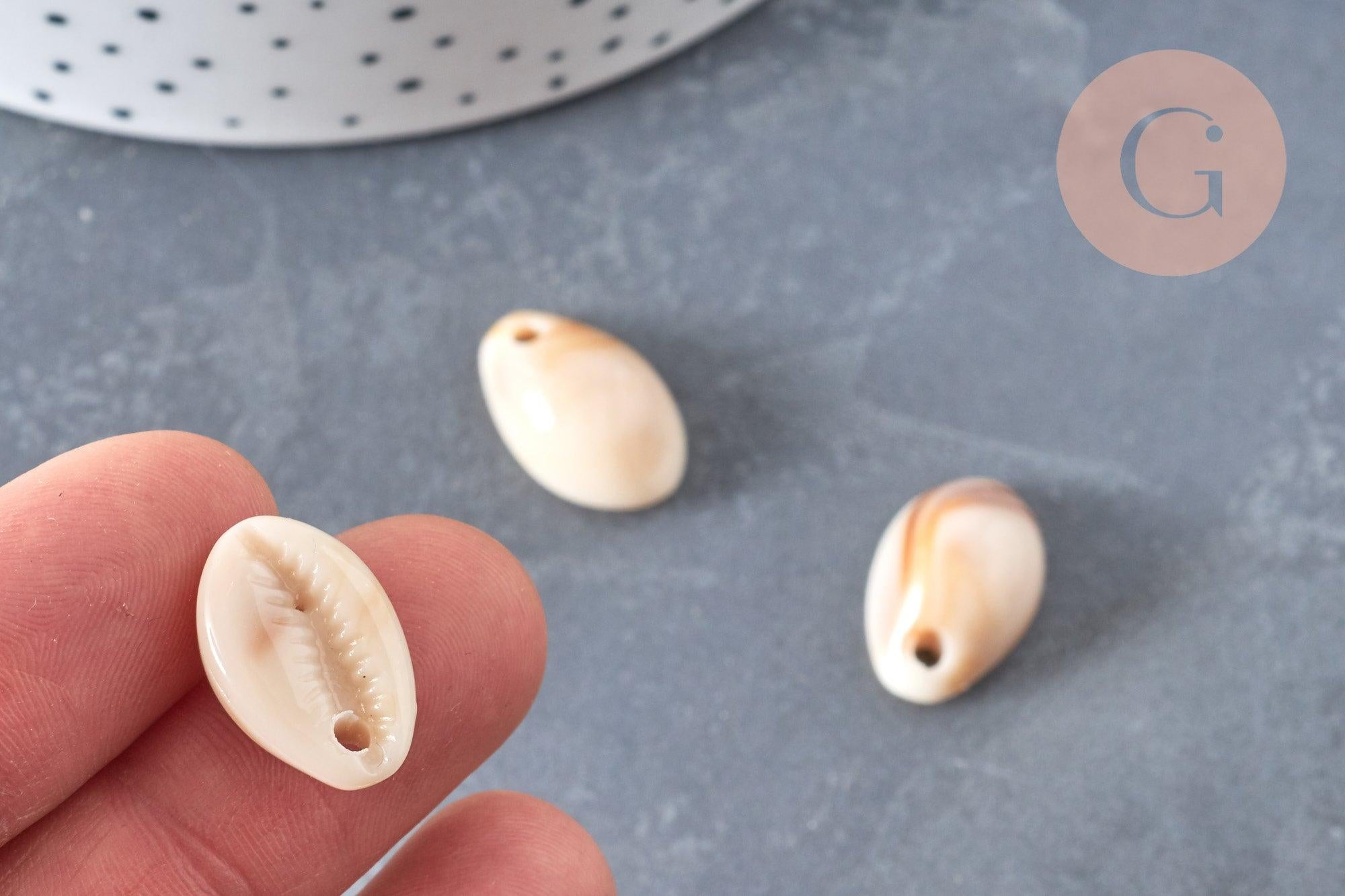 Pendentif coquillage cauri acrylique beige marbré 19mm, x10 (G5404)