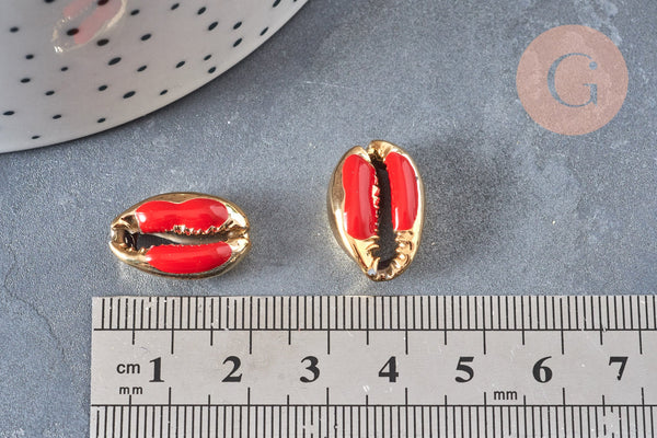 Pendentif coquillage cauri doré resine rouge 19mm,coquillage nature pour création bijoux, x5 (G1303)