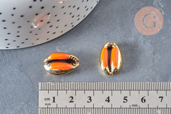 Pendentif coquillage cauri naturel doré resine orange19mm, x5 (G4406)