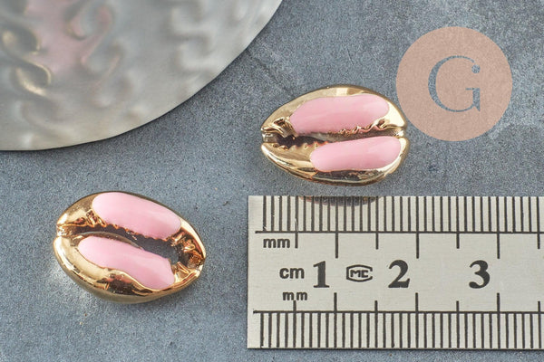 Pendentif coquillage cauri naturel doré resine rose 19mm,coquillage naturel pour création bijoux, x5 (G1230)