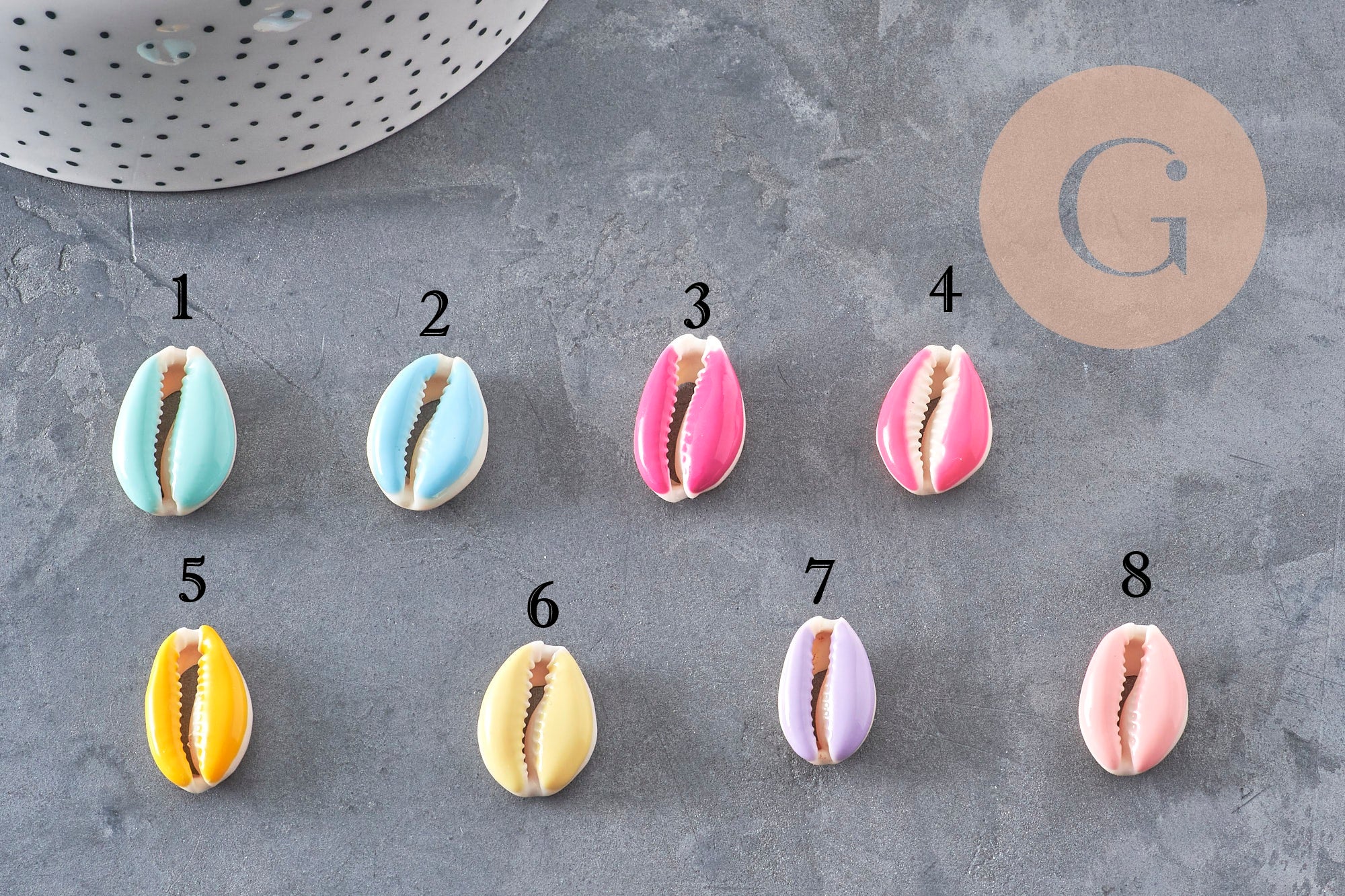 Pendentifs coquillage cauri naturel résine colorée 19mm, assortiment de 8 couleurs pastel.
