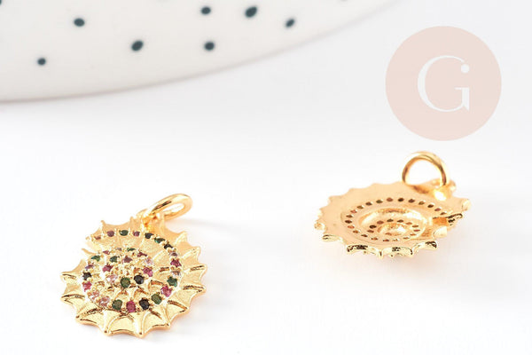 Pendentif coquillage doré 18K zircon coloré 16mm,pendentif laiton doré thème océan et plage, x1 G5288