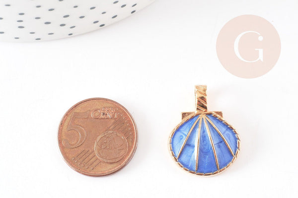 Pendentif coquillage doré bleu 24.5mm, pendentif coquillage pour création bijoux x 2 (G5793)