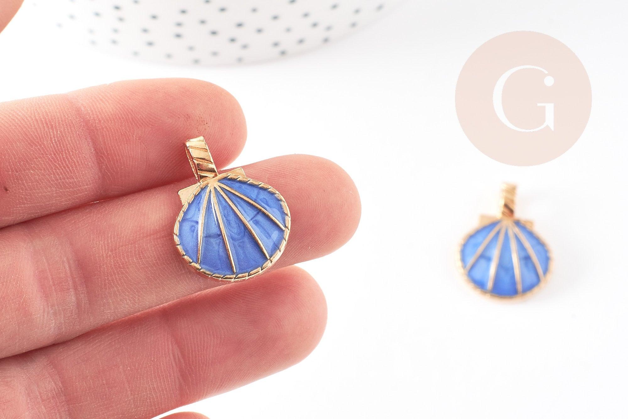 Pendentif coquillage doré bleu 24.5mm, pendentif coquillage pour création bijoux x 2 (G5793)