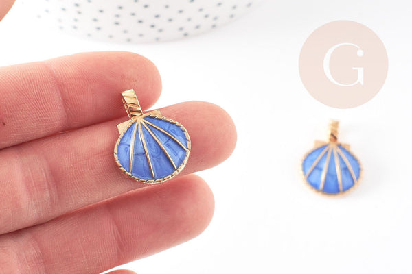 Pendentif coquillage doré bleu 24.5mm, pendentif coquillage pour création bijoux x 2 (G5793)
