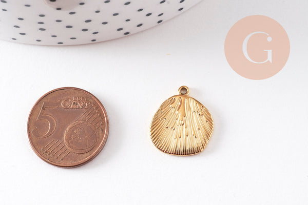 Pendentif coquillage feuille acier 304 doré inoxydable 18mm, x1 VALIDE
