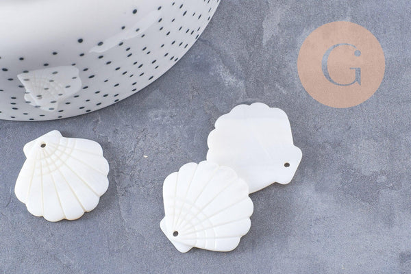 Pendentif coquillage nacre blanche naturelle 29mm, x2 (G10089)