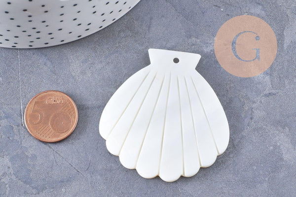 Pendentif coquillage nacre blanche naturelle 54mm, x2 (G10091)