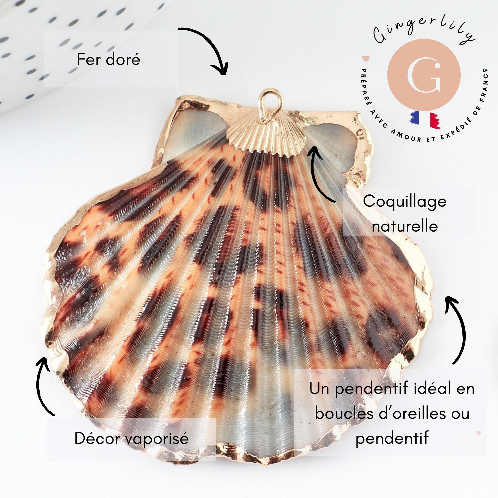 Pendentif coquillage naturel coque doré léopard 41-55mm, pendentif doré pour création bijoux or, x1 G1735