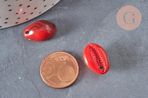 Pendentif coquillage rouge marbré,perle acrylique,cauri,coquillage bijou,19mm, x10 (G1718)