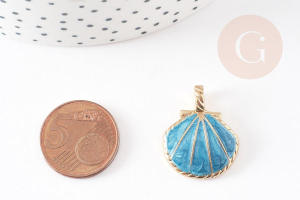 Pendentif coquillage zamac doré bleu ciel 24.5mm, pendentif coquillage pour création bijoux, x2 G3417