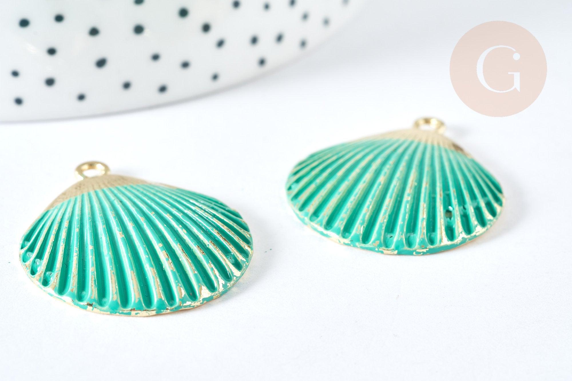 Pendentif coquillage zamac doré bleu turquoise 35,5mm, thème plage vacances, x1 G7438