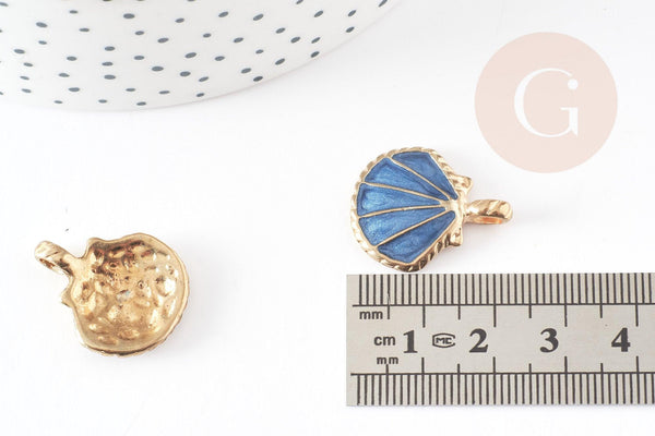 Pendentif coquillage zamac doré émail bleu marine 24.5mm, pendentif coquillage pour création bijoux x2 G1884