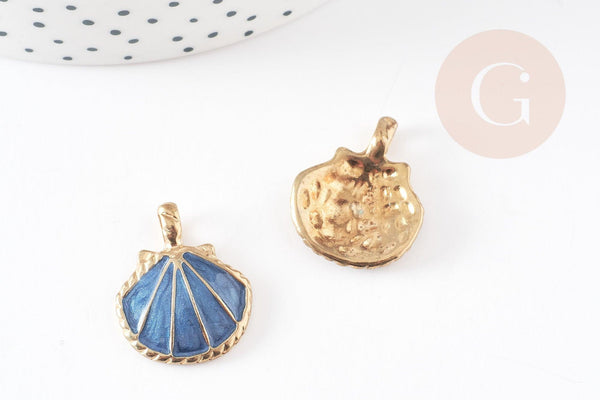 Pendentif coquillage zamac doré émail bleu marine 24.5mm, pendentif coquillage pour création bijoux x2 G1884