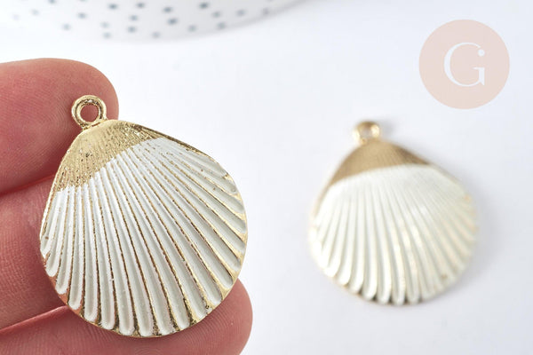 Pendentif coquillage zamac doré patiné blanc 35,5mm, x1 G7439