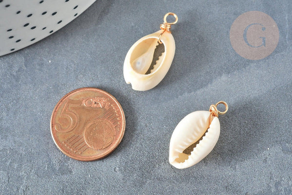 Pendentif coquillages cauri blanc fil doré 18K 27-30mm, x1 (G7353)