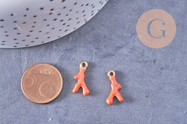 Pendentif corail émaillé orange, bleu ou blanc zamac doré 20mm x2 (G10638)