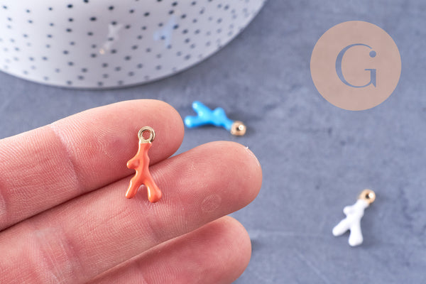 Pendentif corail émaillé orange, bleu ou blanc zamac doré 20mm x2 (G10638)
