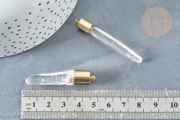 Pendentif cristal de roche naturel transparent laiton doré 16K, pierre brute, x1 (G8232)