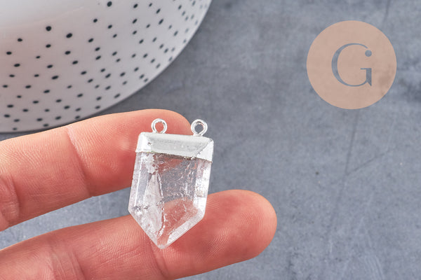Pendentif cristal hexagone argenté,pendentif bijoux,pendentif pierre,quartz transparent ,28mm x1 (G3278)