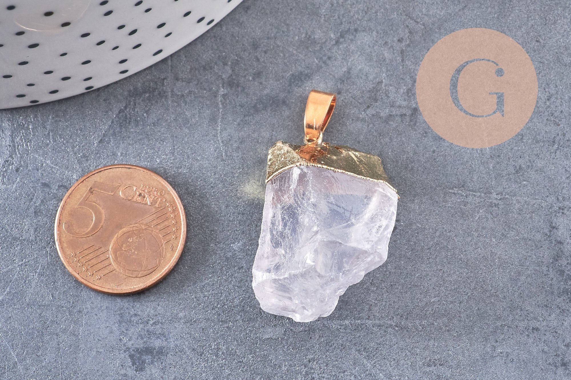 Pendentif cristal quartz blanc fer doré, pierre brute naturelle création bijoux, x1 (G0838)