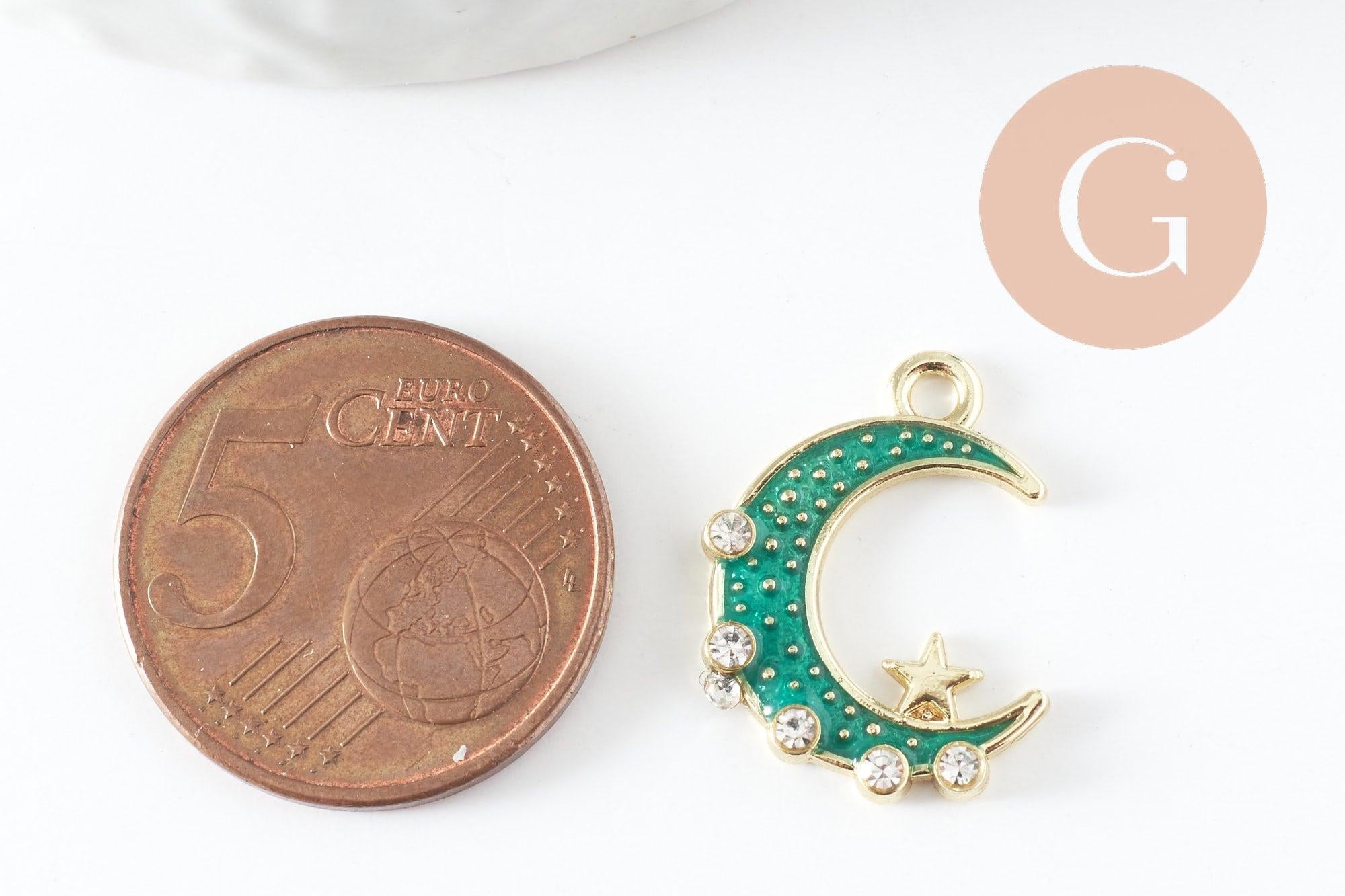 Pendentif croissant de lune étoiles cristal émaillé bleu turquoise zamac or 20mm, pendentif or émaillé, sans nickel, x1 (G5918)