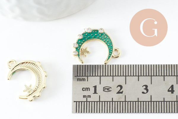 Pendentif croissant de lune étoiles cristal émaillé bleu turquoise zamac or 20mm, pendentif or émaillé, sans nickel, x1 (G5918)