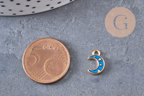 Pendentif croissant lune étoiles émail bleu zamac doré 11.5mm, x1 (G5920)