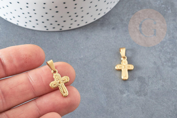 Pendentif croix acier 304 doré inoxydable 19mm,breloque acier inoxydable doré pour création bijoux religion, x1 G2894