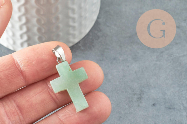 Pendentif croix aventurine naturelle verte acier inoxydable 29mm,pendentif pierre, support argent, pierre naturelle, x1 (G2544)