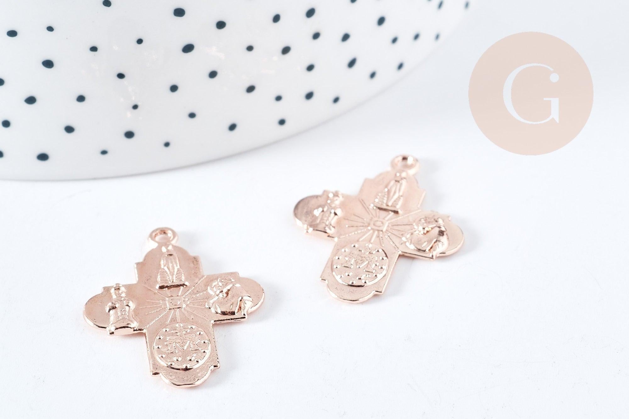 Pendentif croix gravé zamac doré or rose 24mm, création bijoux baroque pendentif religion, x1 (G8561)