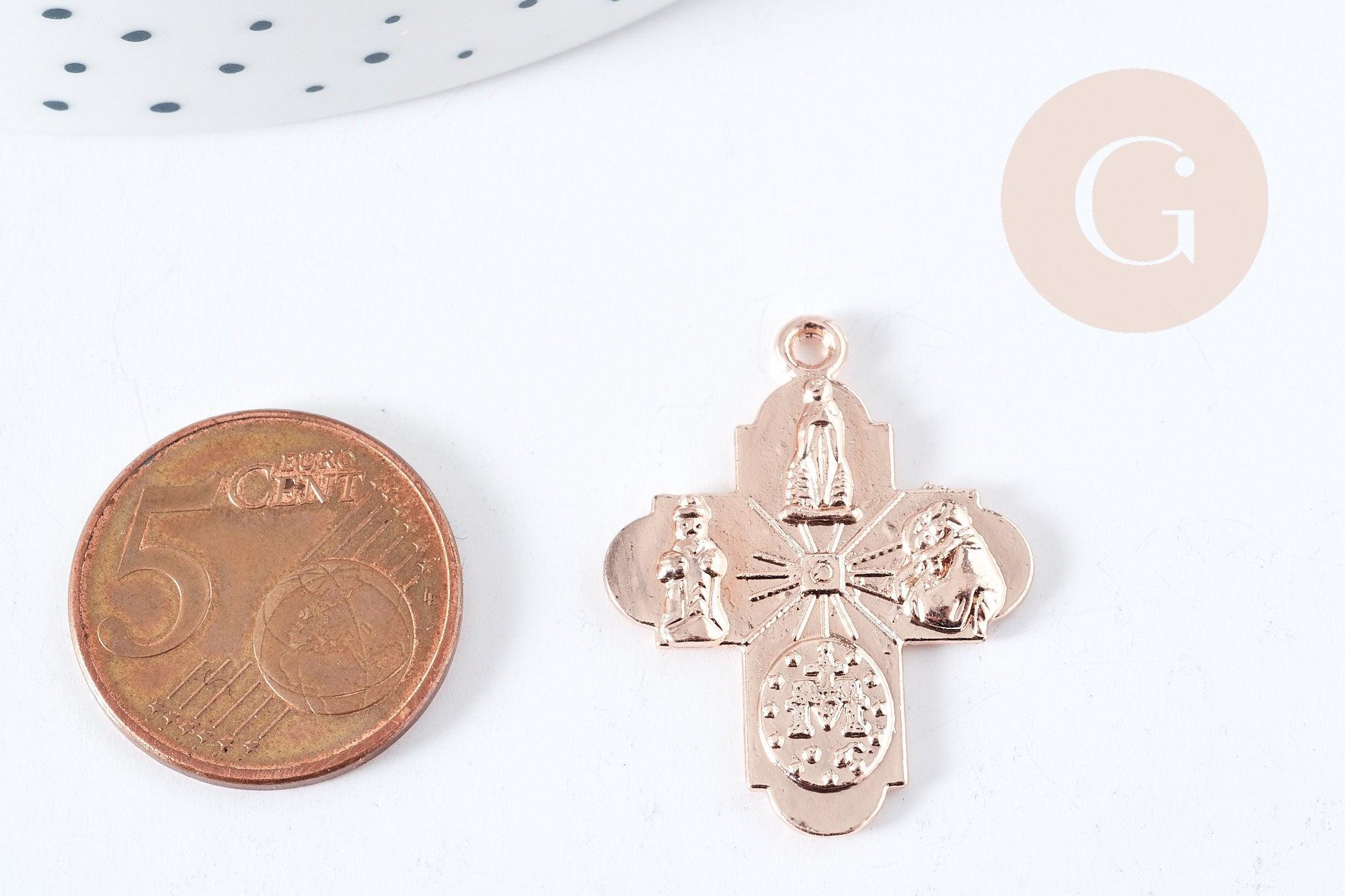 Pendentif croix gravé zamac doré or rose 24mm, création bijoux baroque pendentif religion, x1 (G8561)