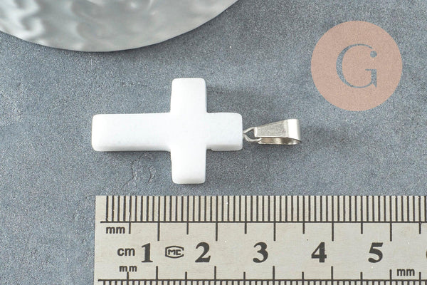 Pendentif croix jade naturel blanc acier inoxydable 29mm,pendentif pierre, support argent, création bijoux pierre, x1 (G1696)