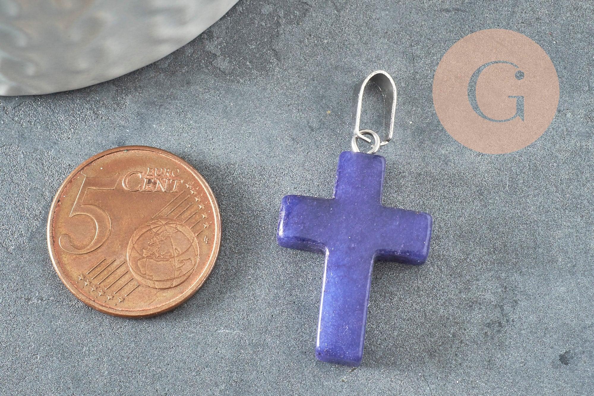 Pendentif croix jade naturel bleu acier inoxydable 29mm,pendentif pierre, support argent, x1 (G0499)
