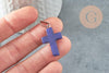 Pendentif croix jade naturel bleu acier inoxydable 29mm,pendentif pierre, support argent, x1 (G0499)