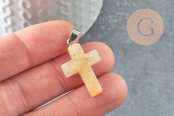 Pendentif croix jade naturel jaune topaze acier inoxydable 29mm,pendentif pierre, support argent, création bijouxjade naturel, x1 G5699