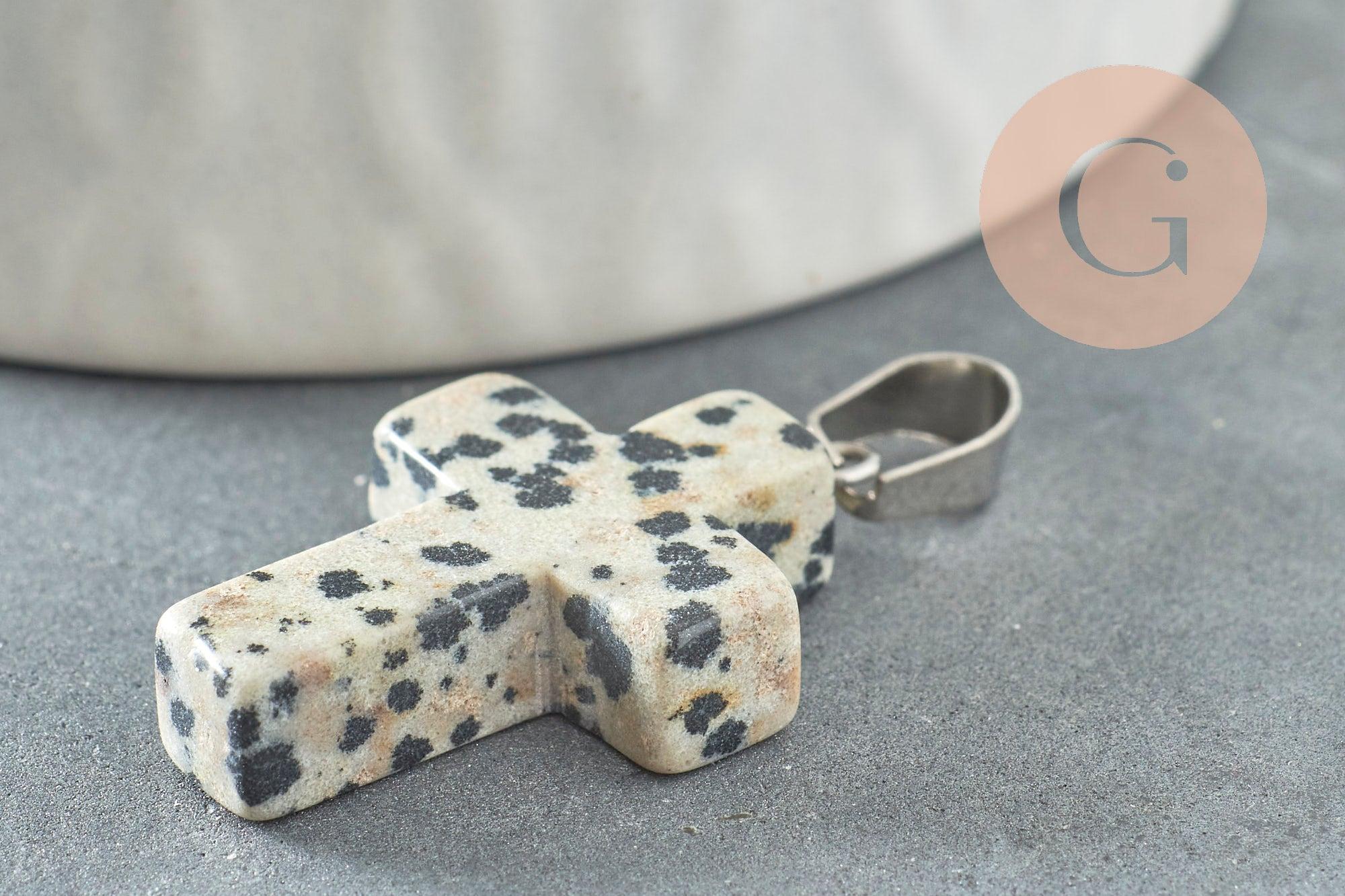Pendentif croix jaspe dalmatien naturel acier inoxydable 29mm,pendentif pierre, support argent, création bijoux, x1 (G1695)